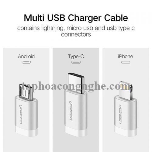 Ugreen 50201 0.5M màu Bạc Cáp sạc đa năng USB sang TypeC + Micro + Lightning US186 30050201